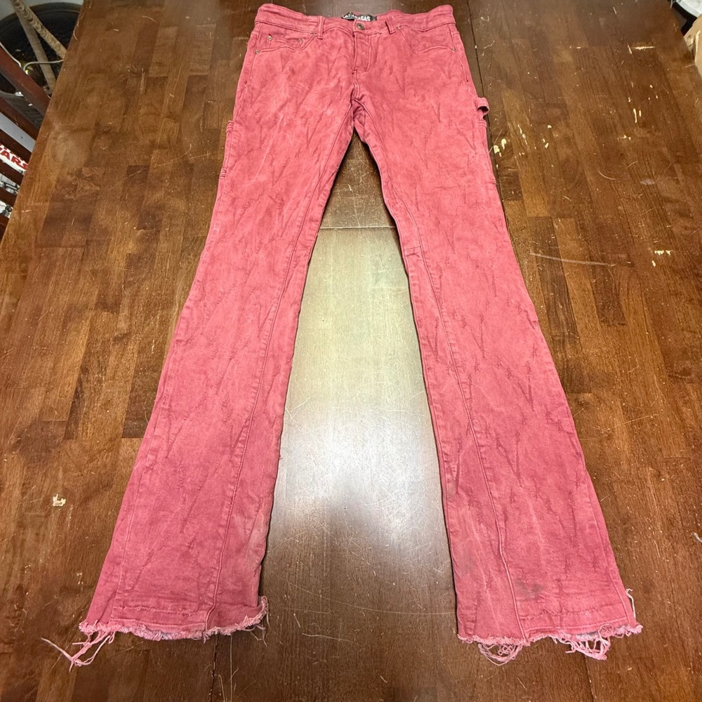 Valabasas Stacked Flare Jeans Mens 34x36 Red Distressed Logo Carpenter Pants